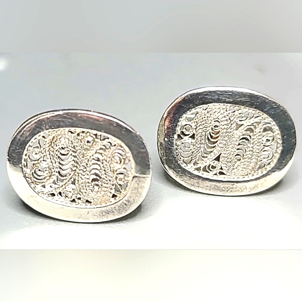 Estate Sterling Silver .925 Cufflinks Oval Filigree/Telkari/Paisley Vintage